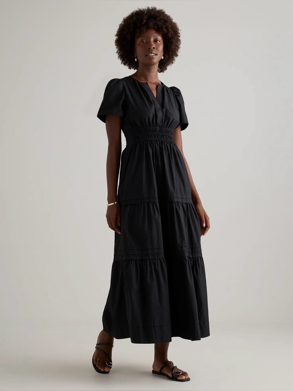Quince Black Tiered Midi Dress
